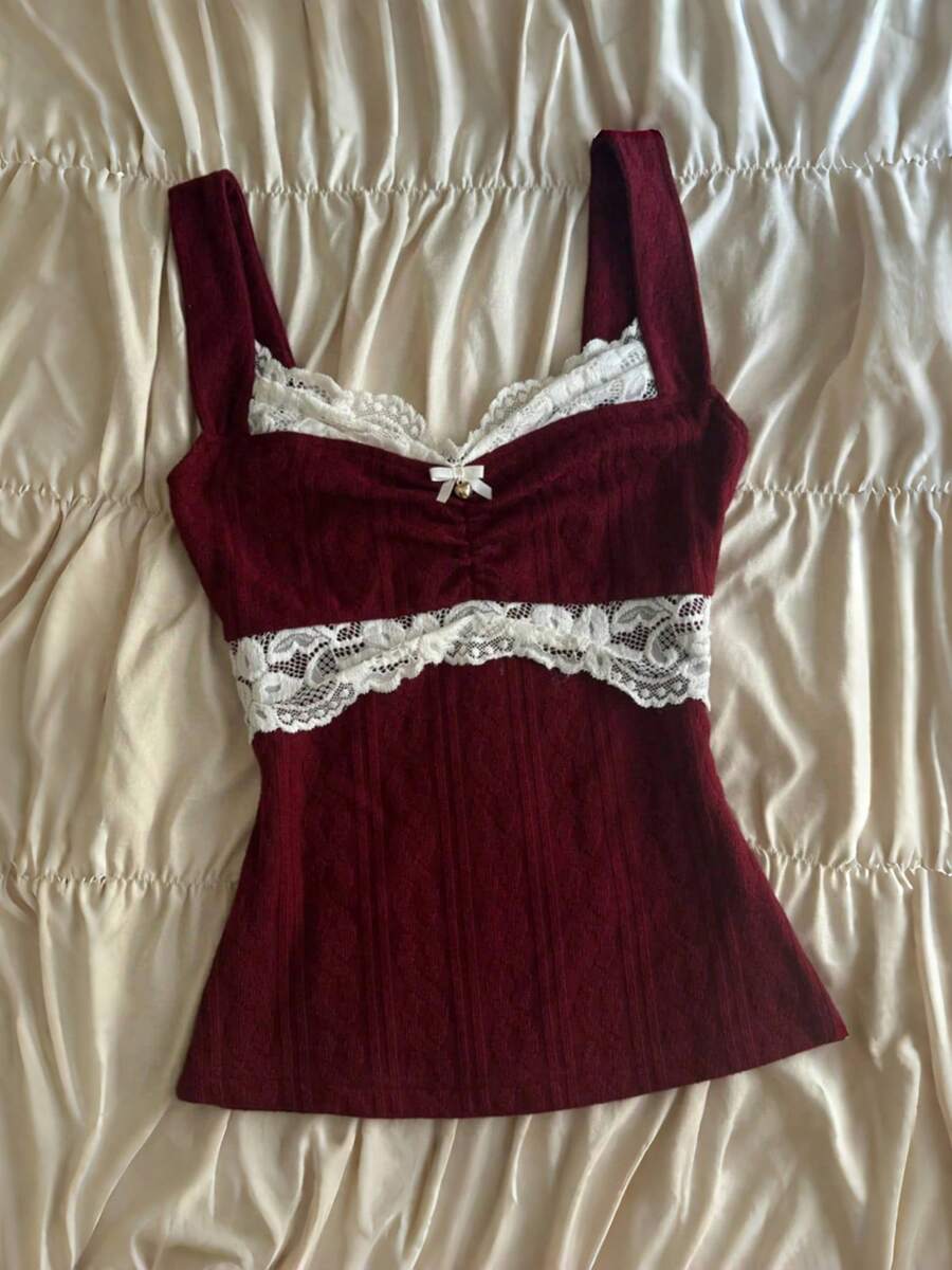 Women Y2k Summer Tank Tops Lace Trim Square Neck Sleeveless Vest Tops Vintage Slim Fit Shirts Fairy Grunge Aesthetic Knit Ribbed Coquette Clothes Harajuku Streetwear Emo Girls Camisole Tops 90s - 酒紅色 - 查看 1