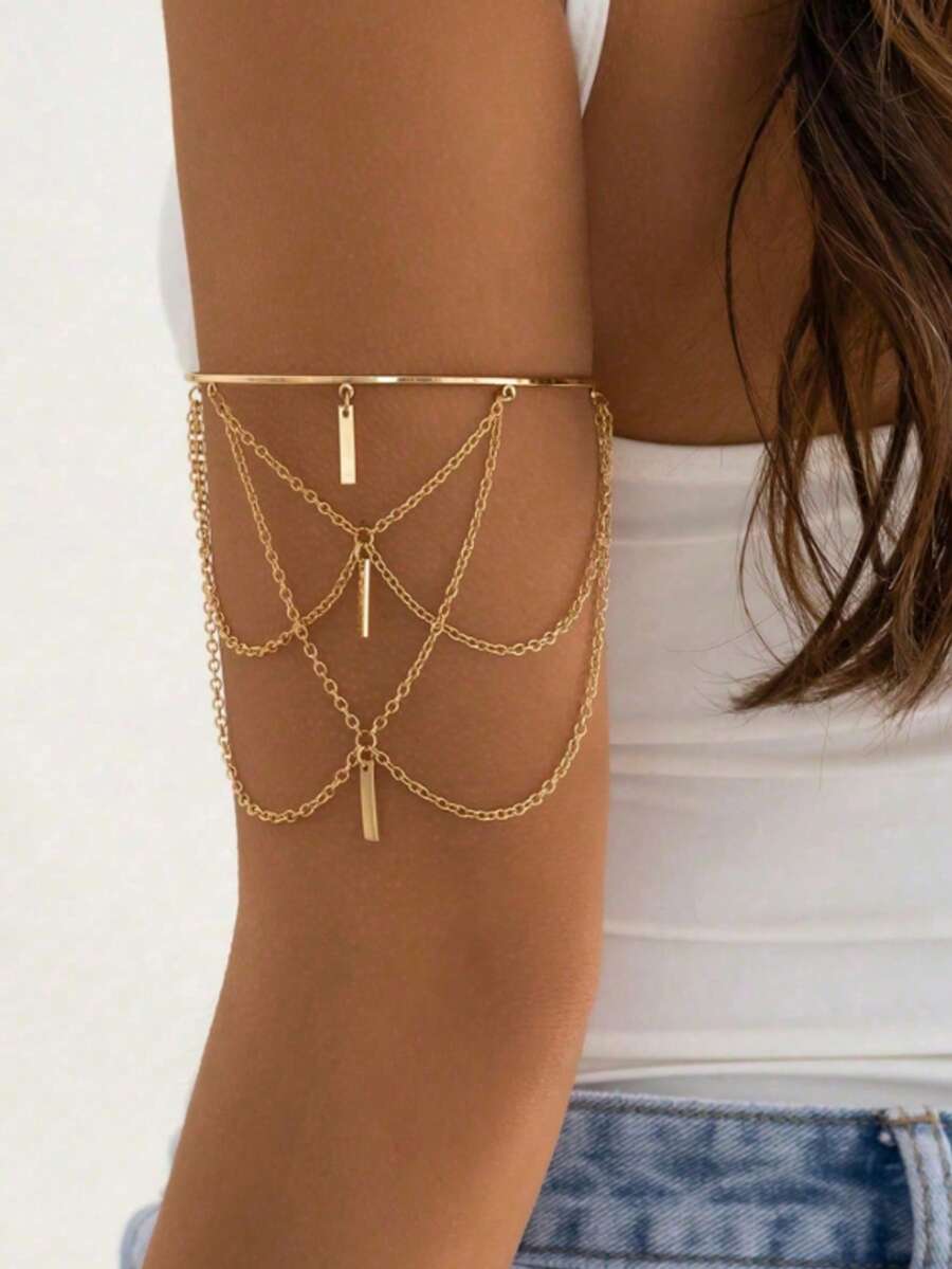 1 件朋克风格可调节臂袖金属链流苏臂手链，度假/沙滩装 - 金色 - 查看 1