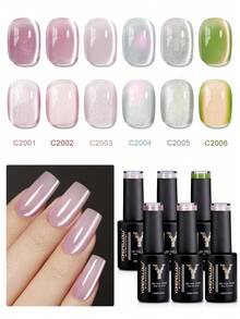 YOKEFELLOW 6瓶10毫升猫眼磁性凝胶指甲油，樱花粉番石榴绿银色闪粉，UV LED可卸持久美甲，适合沙龙和家庭DIY - 彩色 - 查看 10