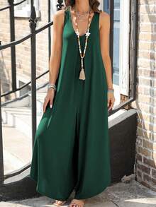 大码女式V领不对称下摆连体裤 春季 - 墨綠色 - 查看 5