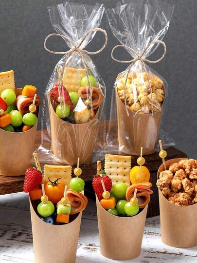 30pcs Brown Kraft Paper Snack Cup With Gold Bamboo Skewers And Transparent Plastic Bag - Disposable Cooked Food Box, Suitable For Appetizers, French Fries, And Party Snacks, Party Snack Cup | Plain Cup Design | Cup, Snack Bag