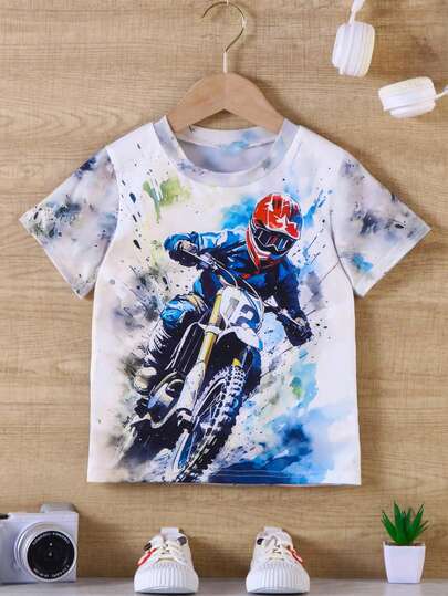 1pc Boys' Casual Tie Dye Motorcycle Print T-Shirt