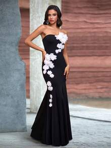 Lang Blumen Farbblockiertes elegantes Meerjungfrauenkleid mit trägerlosen Oberteil