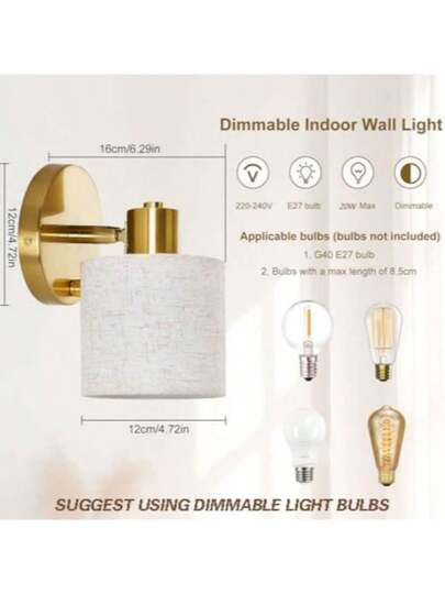 Zazumi Adjustable Indoor Wand Verlichting Switch, Goud Beige Linen Lampshade, E27 Rotating Bedside Light, Bedroom Living Room view 5