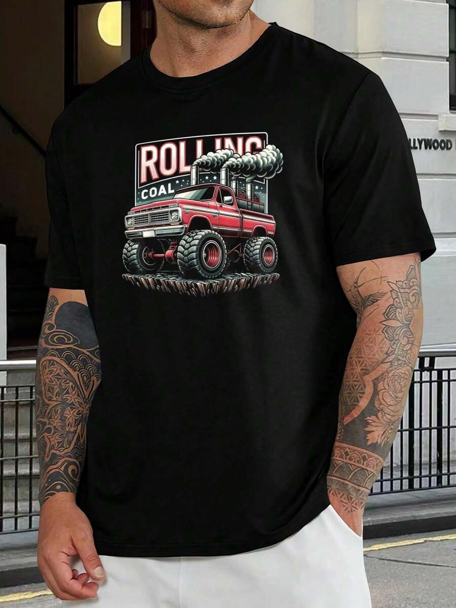 Camiseta de Camión Monstruo Rolling Coal para Hombre - Camiseta Gráfica con Camioneta Roja Vintage - Camiseta de Camión Diésel para Aventura Off-Road - Regalo Perfecto para Amantes de Camiones y Coches - Negro - Ver 1