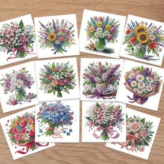 12 包 DIY 钻石画贺卡 - 带信封的花束设计，闪亮激光效果，亚克力圆形钻石艺术套件，适合生日、节日和庆祝礼物