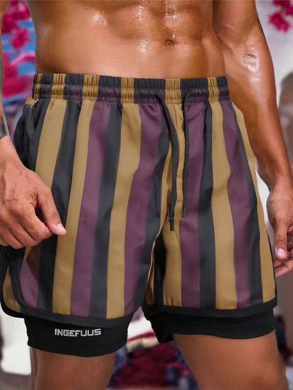 Men's Summer Double Layer Printed Woven Shorts With Drawstring, Can Tuck In A Towel