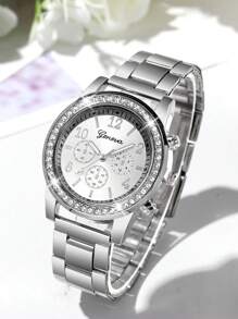 3 Stücke modische und vielseitige Quarzuhr für Frauen mit Drei-Augen-Zifferblatt, Stahlarmband, Diamanten, Kreisförmiges Zifferblatt, Stahlarmband, digitale Skala, Strass-Schmuckarmband, perfektes Geschenk, geeignet als Urlaubsgeschenk, ohne Verpackungsbox