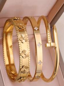 3 قطع / 1 قطعة سوار مطلي بالذهب الأصفر عيار 18 قيراط من الفولاذ المقاوم للصدأ على شكل رباعي ورقة البرسيم، مناسب للحفلات والاستخدام اليومي للنساء، بأسلوب أوروبي وأمريكي، مميز وفاخر، مرصع بالزركونيا المكعبة، مجموعة مجوهرات للزفاف، هدية للبنات والنساء والأقارب والأصدقاء، لمناسبات الزفاف والأعياد والعيد الحب