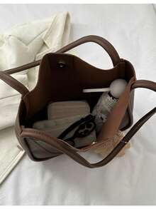 1pc Pu Material With Plush Star Pendant, Simple Solid Color Patchwork, 10 Capacity Women Tote Bag, Shoulder Bag, Handbag, Suitable For Ladies Daily Use, Business Travel, Multi-Functional Bag, Small Gift For Best Friends - Multicolor - View 9