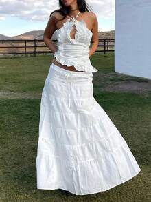 Y2k Maxi Skirt Set For Women Backless Lace Halter Top And Pleated Flowy Skirt Sets Beach Sheer Dress Summer 2 Piece Outfit Beach Set - trắng - Xem 5