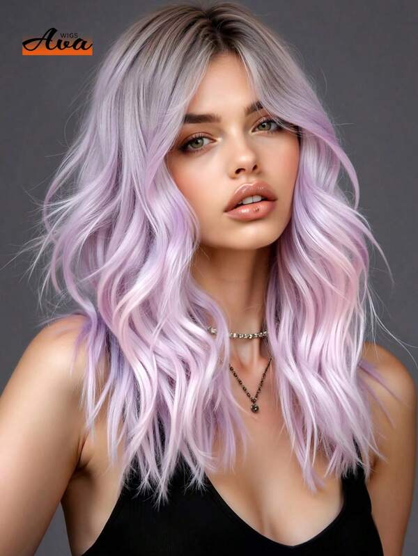 Ava WIG 20 Inch Light Purple Wig Dark Root Light Purple Curly Wig For Fashion Women Daily Party Cosplay Halloween Wig Looking Natural Street Punk Wig