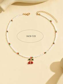 1pc Glass Beaded Necklace With Cherry Pendant, Creative Colorful Glass Beads Decor Women Necklace, Suitable For Daily Outfit, Street, Party And Photo Shoot - Multicolor - View 4