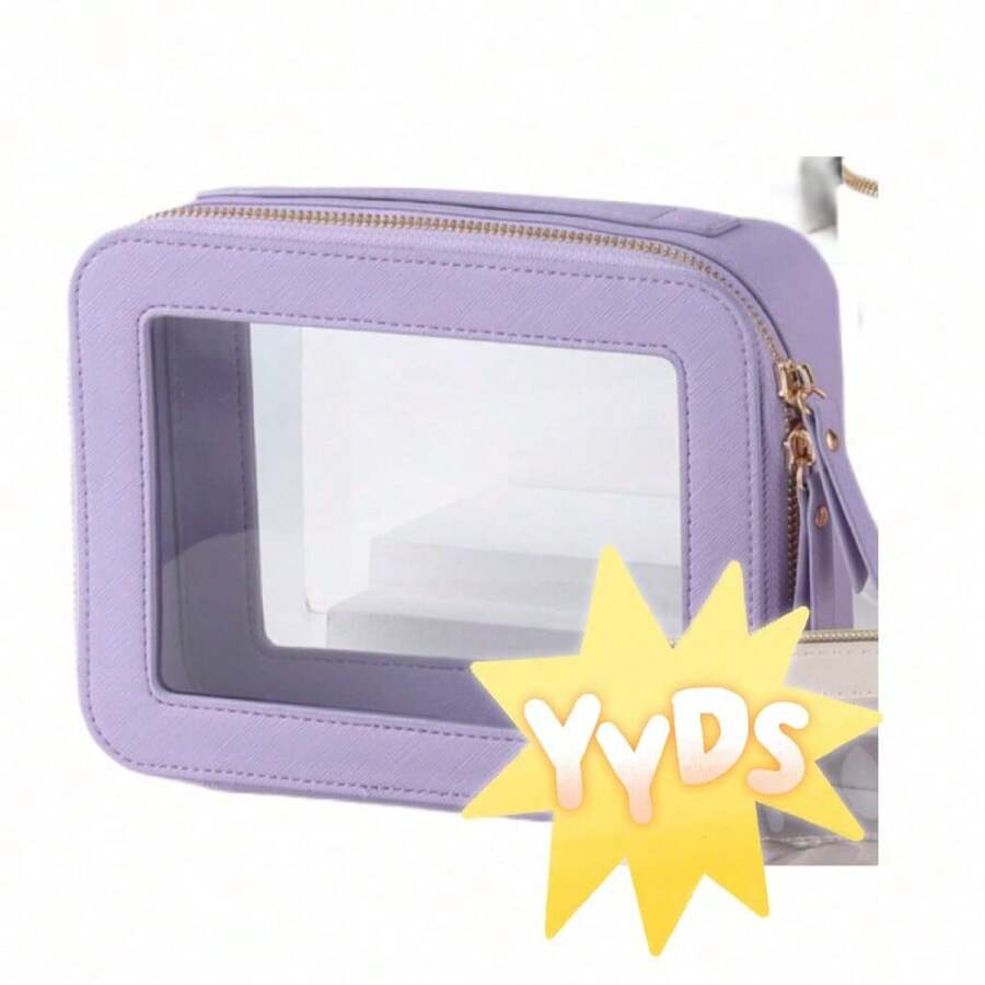 Transparent Chic Cosmetic Bag With Zipper And Handle, Portable Transparent Travel Toiletry Carry Case Set, Suitable For Women And Mentravel Essentials Vacation Summer Holiday Back To School School Stuff Bag For School Travel Bag For Women Makeup Bag For Travel - Purple - View 1