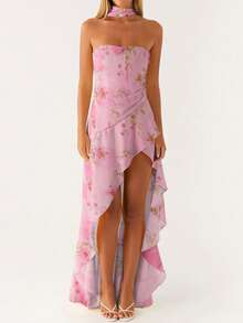Women Cute Floral Print Cami Tank Midi Ruffle Dress With Scarf Y2k Asymmetrical Mesh Backless Flowy Long Dresses - 粉色 - 查看 1