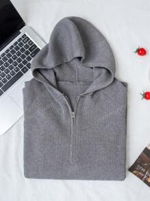 Women's Solid Color Half-Zip Hooded Long Sleeve Sweater, Autumn/Winter