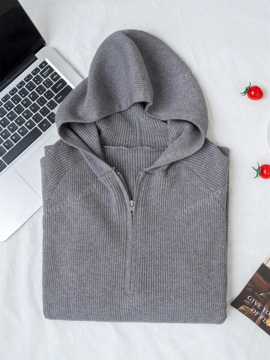 Women's Solid Color Half-Zip Hooded Long Sleeve Sweater, Autumn/Winter