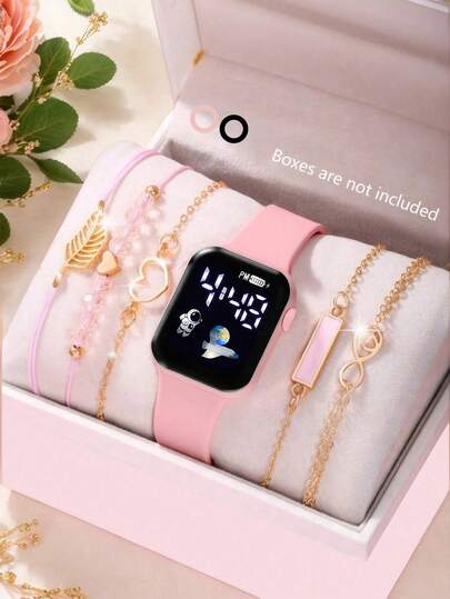 6/1pc时尚简约方形电子表，配备5个精致的叶子形手链，适合女生佩戴，是生日、返校、毕业的理想礼物，是旅行的必备品，也是送给女生的理想礼物