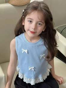 Girls Bow Decor Ruffle Trim Cute Camisole Top, Suitable For Spring/Summer - Blue - View 2
