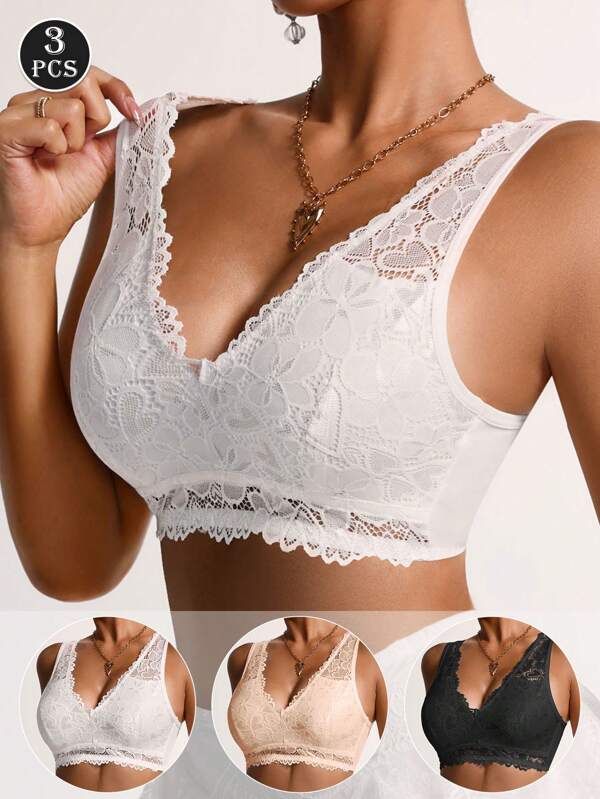 3er Set Spitzen Lässig Minimalistisch Komfort Lässig Sportlich Reifer Charme - Elegant Lässig Regulär kabellos/Ungepolsterter Strick BH mit Einbaupolsterung, bequeme & stützende Wäsche