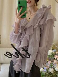 女式 V 领荷叶边长袖透明衬衫，时尚法式上衣，夏季 - 淡紫色 - 查看 3