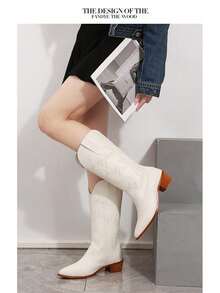 New Women's PU Leather Thick Heel Pointed Toe Western Cowboy Boots In Retro V-Neck, Not Over The Knee, Mid-Tube Knight Boots - 白色 - 查看 3
