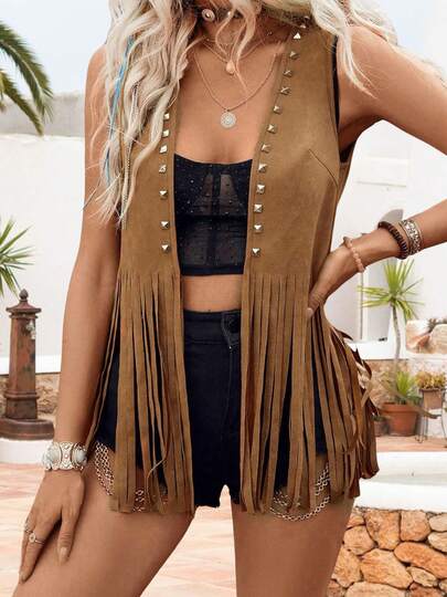 Women's Tassel Jacket Hippie Faux Suede Fringed Waistcoat Open Front Sleeveless Vest Y2k Cardigan Cowgirl Top Streetwear