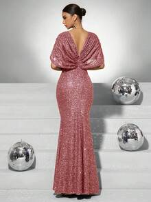 Elisanya 优雅女士正式晚宴礼服，蝙蝠袖和闪光V领 - 中紫紅色 - 查看 2