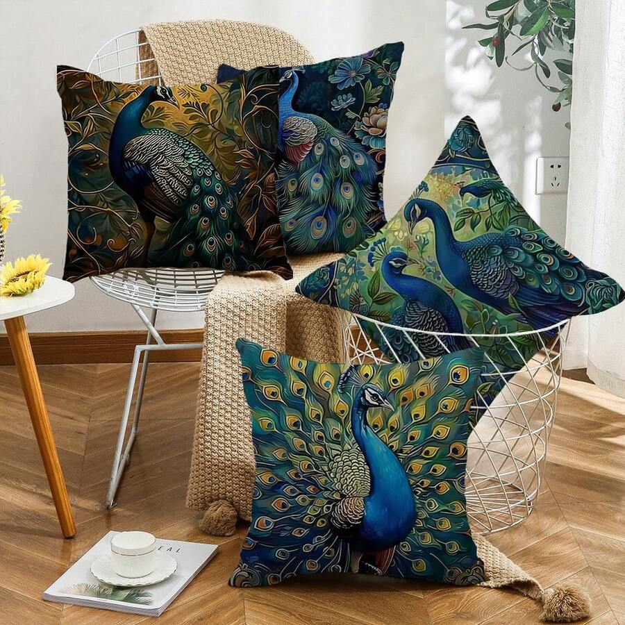 4件套复古桃皮印花靠垫套-油画孔雀，45*45cm（不含内垫）