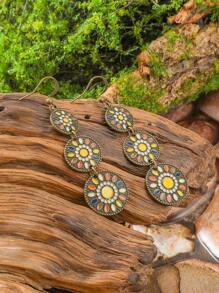 TopHanqi 3 Pairs Bohemian Retro Style Women's Earrings Set, Multi-Layer Painted Geometric Circle Sun Flower Pendant Earrings, Versatile Daily/Party/Commute Accessories, All Season