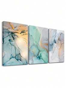 3 件套抽象墙面艺术装饰、大理石纹理绘画、金色点缀艺术版画、流体艺术帆布印刷墙画、蓝绿色调帆布艺术品、艺术图案 - 彩色 - 查看 12