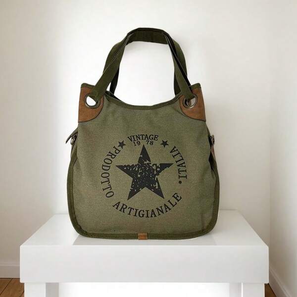 Men's Retro Canvas Tote Bag With Star Print – Large Capacity, Multi-Pocket, Leather Accents, 4 Colors Available, Handheld & Shoulder Style Shopping Bag