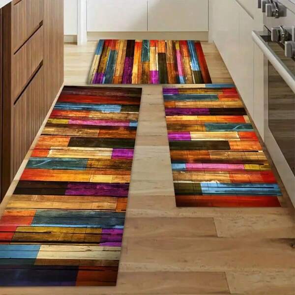 1pc Colorful Wood Grain Kitchen Floor Mat, Bathroom Floor Mat, Indoor Restaurant Floor Mat, Outdoor Carpet, Anti-Slip Bathroom Decoration Bath Mat, Floor Toilet Bath Mat, Home Floor Mat