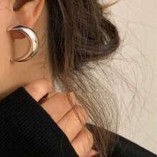 1 对几何月亮耳钉，女士款，金属设计，百搭日常佩戴 - 銀色 - 查看 5