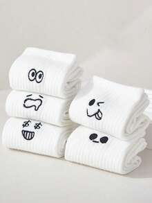 5pcsWhite Couple Cartoon Expression Design Simple & Breathable Children's Mid-Calf Socks - White - View 4