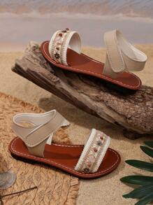 1 Pair Baby/Toddler Girls Beige Flat Sandals, Solid Color PU Strap Strap Hook And Loop Design Open Toe Roman Style Comfortable And Fashion Suitable For 3-12 Years Old Girls Daily, Vacation, Spring/Summer 2025