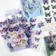 6pcs Flower & Butterfly Stickers - Self-Adhesive PET Plastic Stickers For Scrapbooking, Journals, DIY Crafts, With Blue, Gold Accents, Leaves And Butterflies, Rectangular Shape, Scrapbooking Stickers, Butterfly Decor,School Supplies,Back To School
