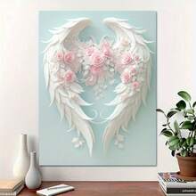 1pc Angel Wings Canvas Art With Floral Accents - Framed, Ready To Hang Wall Decor For Home, Office, Living Room, Bedroom -Pastel Colors, Perfect Holiday Gift, Hanging Decor - 白色 - 查看 4