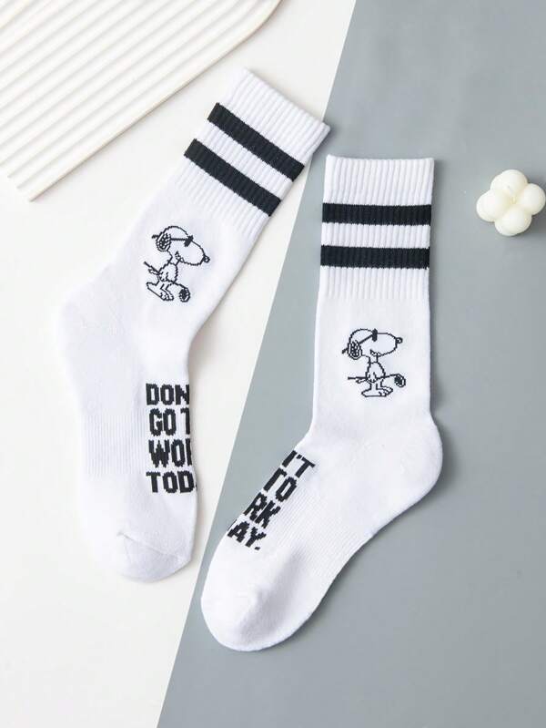 SNOOPY 2 Pairs Of High-Quality Cartoon Striped Black And White Mid-Calf Socks For Men, Snoopy Cartoon Women's Socks, Summer Men's Socks Gift, Breathable And Comfortable Socks, Couple Style