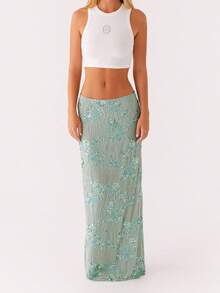 Women Summer Skirt Casual Elegant Sequin Floral Embroidery Long Skirt For Beach Vacation Club Streetwear - 薄荷綠 - 查看 2