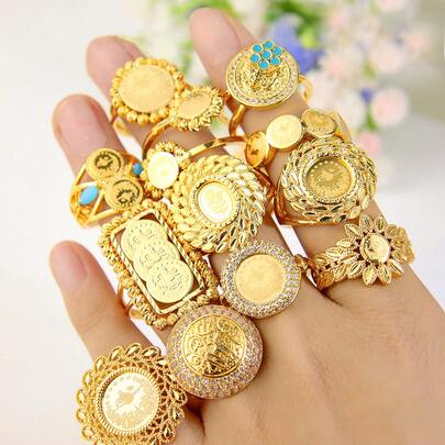 Anillo de lujo chapado en oro de 21k, anillo de boda elegante de Arabia Saudita, joyería de fiesta islámica para mujeres de Omán