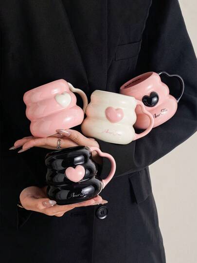 1pc Nordic Style Embossed Heart Ceramic Mug, High-End Unique Lady Afternoon Tea Coffee Latte Cup, Office, Birthday Gift For Girlfriend, Bestie Back To School