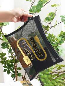 Mesh Cosmetic Bag With Data Cable Pattern, Red Air Cushion Storage Portable Storage Bag, Makeup Bag, Skincare Bag, Travel Essentials, Dormitory Supplies, Wedding Bride Gifts, Mother Gifts, Birthday Gifts, Gifts For Friends And Teachers, Bathroom Storage, Jewelry Storage, Lip Oil And Cosmetics Storage Bag