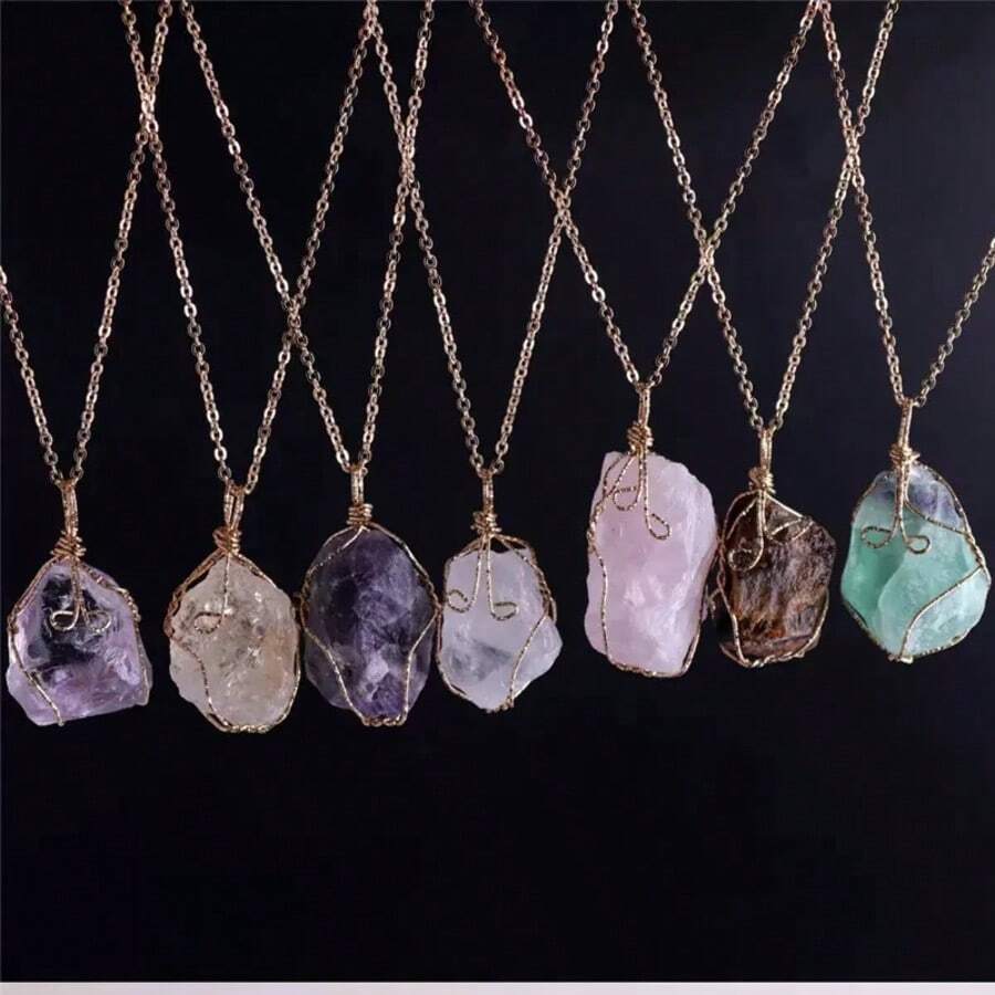 1 pieza Collar con colgante de piedra natural cruda de alta calidad de amatista, citrino, cuarzo rosa. Colgante irregular de cuarzo envuelto en alambre. Collar con energía sanadora para mujer. Regalo de Acción de Gracias
