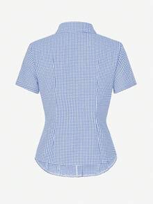 Sunny Girly Y2K Back To School Season Cotton Fitted Collared Short Sleeve Shirt, Button Closure, Blue Plaid Academic Style Top - Baby Blue - View 4