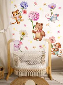 1pc/1set 2pcs Cartoon Elephant, Heart, Fox, Floral Wall Sticker For Living Room, Bedroom Decor, Self-Adhesive Wall Decal