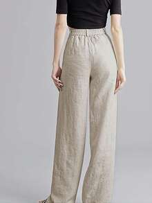 Women's Cotton Linen Trousers Casual Button Up High Waist Wide Leg Trousers - 卡其色 - 查看 2