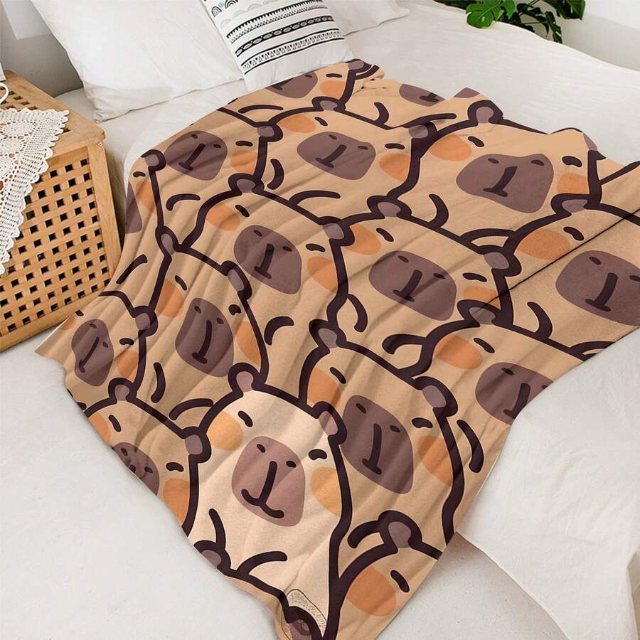 [CozyCuddle 水豚印花盖毯] 1 件 CozyCuddle 超柔软卡通水豚印花法兰绒毯 - 现代风格，四季针织涤纶盖毯，适合成人、家庭、生日、情侣 - 多功能床、沙发、卧室装饰礼物 - 彩色 - 查看 1