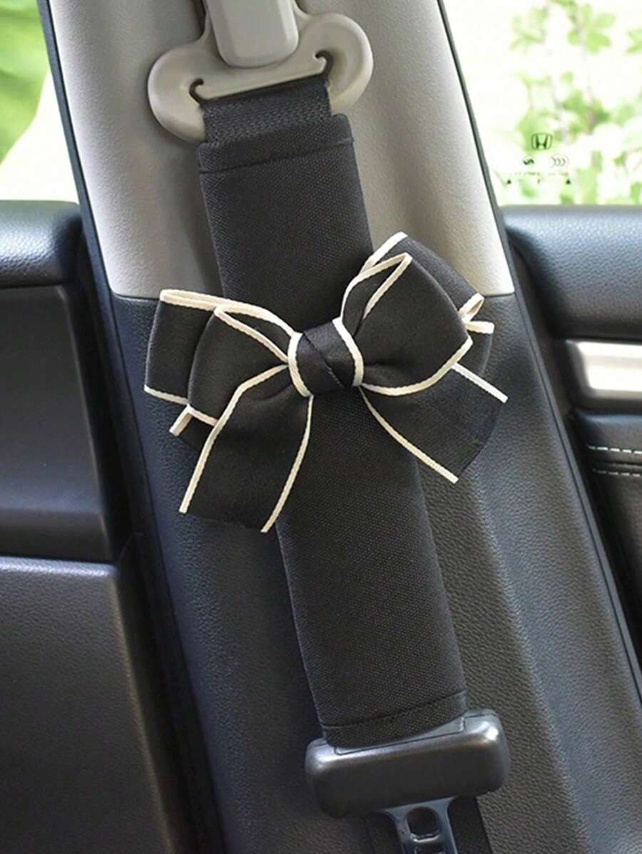 1pc Ice Silk Car Safety Belt Shoulder Pad With Bow Decor, Car Interior Accessory