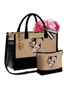 1 set, Bolso de mano tipo tote con estampado de flores con inicial A y correas para el hombro & Set de bolsas de maquillaje con iniciales de la A a la Z, bolso de regalo personalizado con bolsillos laterales, bolso de playa con pañuelo, bolsos de almacenamiento portátiles y de ocio, bolsas de compras multifuncionales, bolsa de almacenamiento simple para viajes